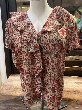 Chaps Floral Ruffle V-Neck Blouse in Red, Cream & Teal
